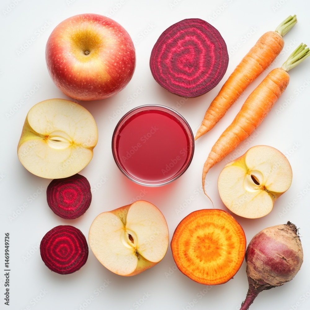 Fresh apple, carrot, and beetroot arrangement with juice on white background
