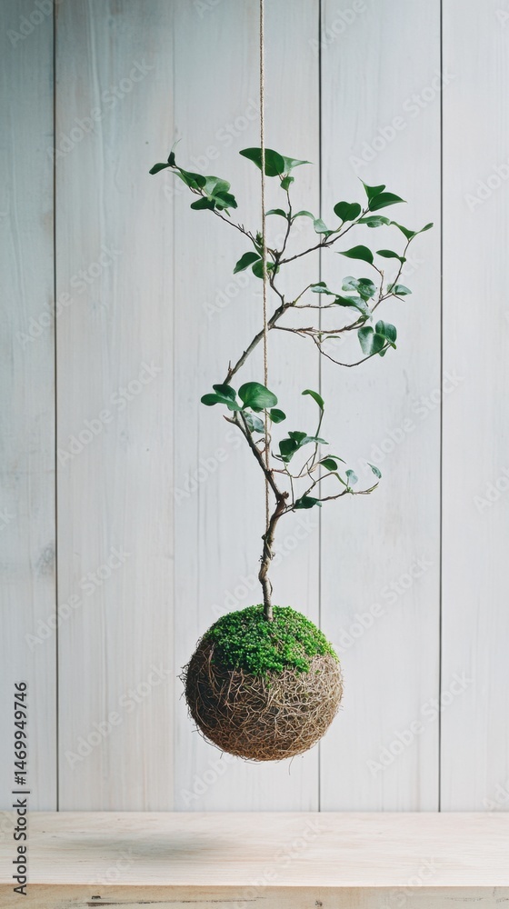 Hanging kokedama plant art on wooden background for interior inspiration