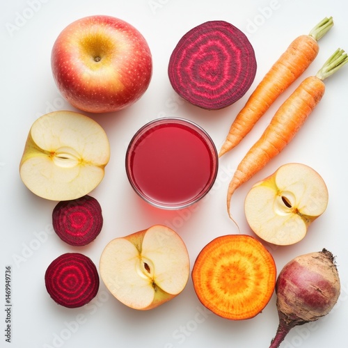 Fresh apple, carrot, and beetroot arrangement with juice on white background