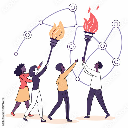 Diverse group of people carrying torches connecting with modern network lines
