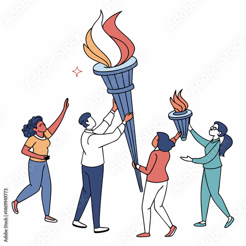 Team of entrepreneurs holding torches illustrating innovation and leadership concepts