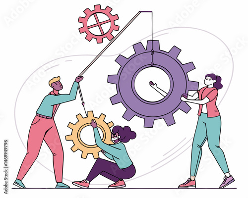 Teamwork and collaboration illustration of business professionals working with gears