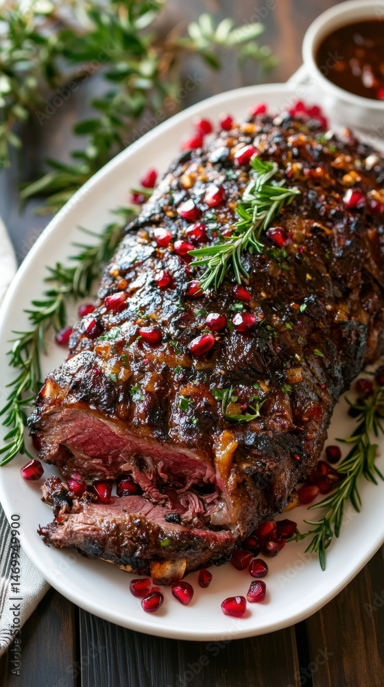 Festive holiday roast with pomegranate and rosemary garnish for a gourmet feast