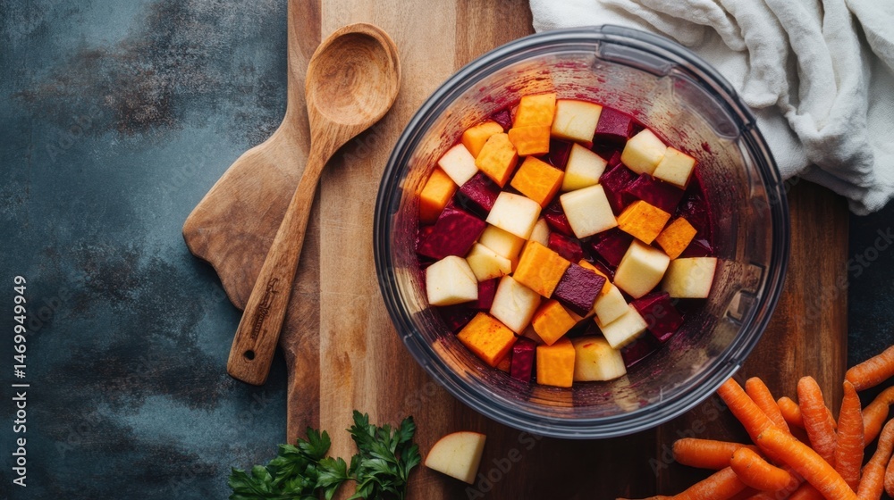 Colorful diced vegetables in a bowl on rustic wooden cutting board for healthy cooking
