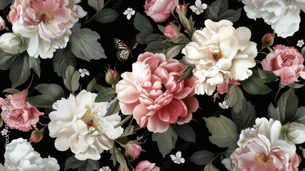 Elegant floral design with roses and butterflies on dark background for decorative use