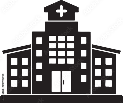 modern hospital building silhouette, black and white silhouette, vector and illustration