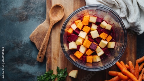 Obraz na płótnie Colorful diced vegetables in a bowl on rustic wooden cutting board for healthy cooking w salonie