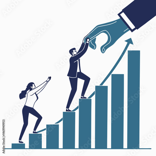 Teamwork and growth illustrated with people climbing a growing bar chart graphic