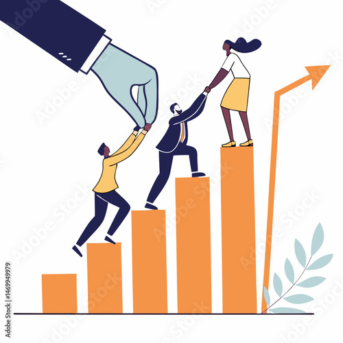 Teamwork and growth illustrated with people climbing a rising graph of success
