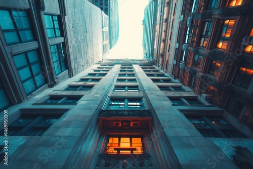 Urban architecture seen from a low angle, highlighting building facades.