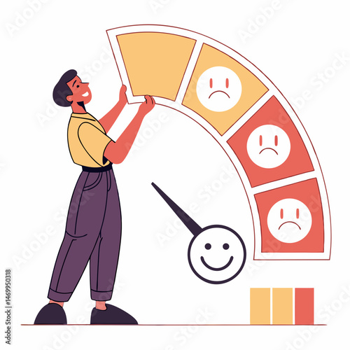 Illustration of a man adjusting a customer satisfaction level meter with varying emotion