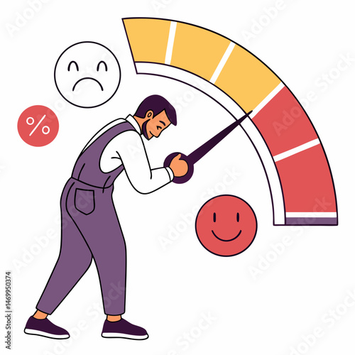 Customer experience feedback rating concept with smiling man and gauge on white background