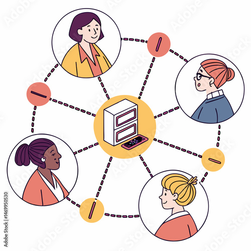 Modern illustration depicting wireless network connection of people using laptops