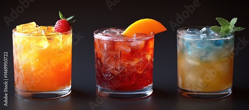 Three refreshing cocktails in rocks glasses orange, red, and blue, garnished with fruit and mint.