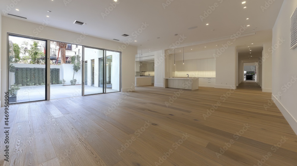 Obraz premium Spacious modern interior living area with patio access.