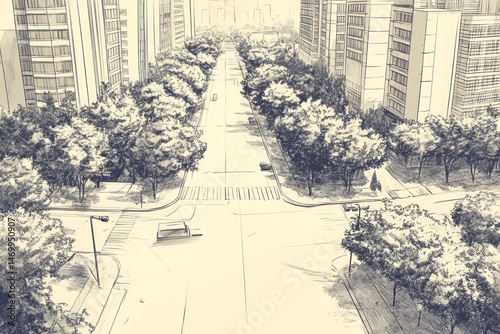 Urban street scene sketch, a perspective view of a city layout.