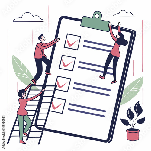 Teamwork completing checklist illustration on white background for creative design