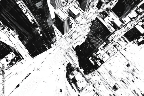 High-angle view of a busy city intersection in monochrome.