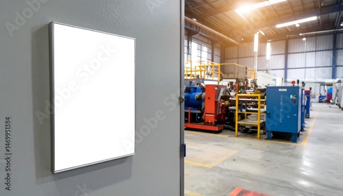 Blank White Sign on Gray Door in Industrial Factory Setting