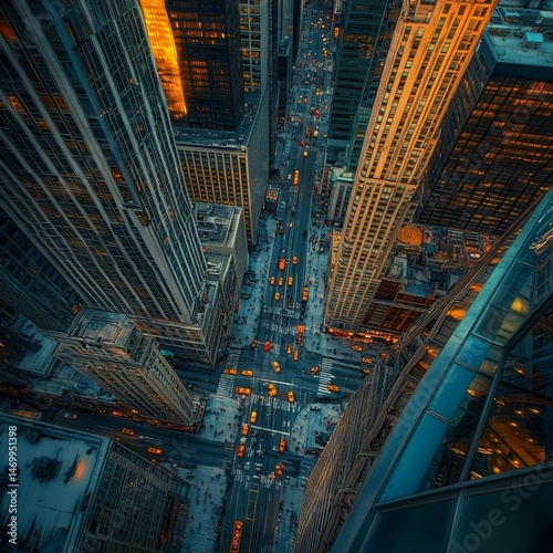 High angle view of urban city streets at twilight.
