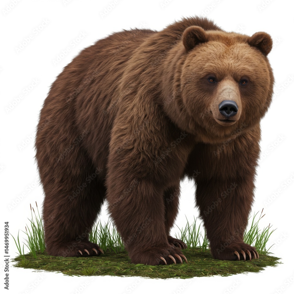 Fototapeta premium Brown Bear Standing in Grass Against White Background