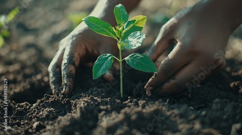 A close-up view of hands planting a young sapling into rich, dark soil, with green leaves in the background, symbolizing growth and nurturing the environment.