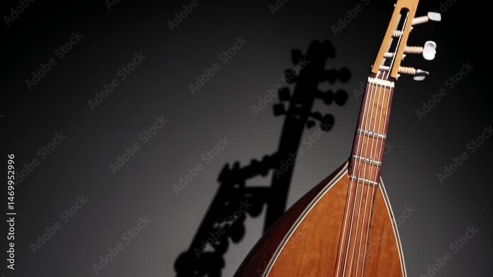 Traditional wooden oud casting intricate shadow under dramatic lighting

