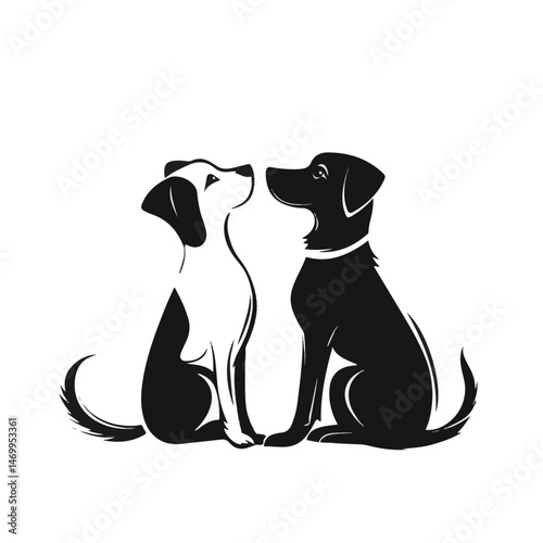 Two Dogs Sitting Together Black And White Silhouette Vector Graphic Adorable Canine Companions Isolated On White Background