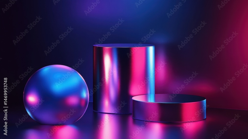 Vibrant neon geometric shapes in abstract lighting scene