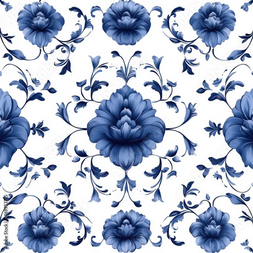 Elegant blue floral pattern on white background with intricate symmetrical design