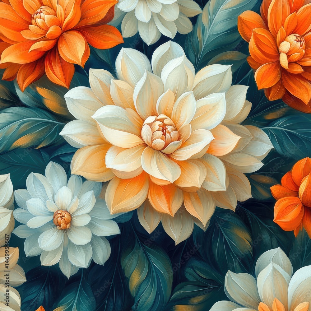 Obraz premium Vibrant floral bouquet, detailed dahlias in soft orange and cream, dark teal background