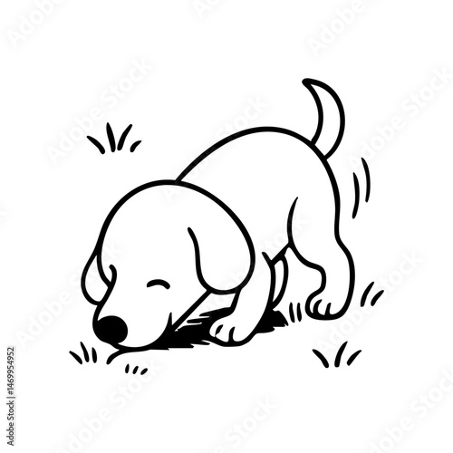 A focused dog with nose close to the ground, following an invisible trail with tail straight and alert posture.