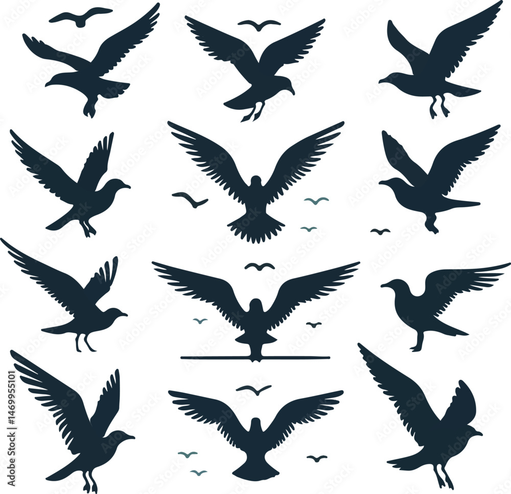 Fototapeta premium Set of seagull silhouette vectors