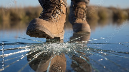 Fisherman’s foot on cracked thin ice at a frozen lake, highlighting the dangers of fishing in winter, risk of slipping, breaking through ice, the potential hazards of outdoor cold weather activities photo