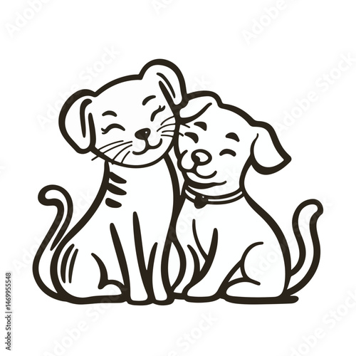 Cuddling Cat And Dog Vector Illustration Represents Friendship And Togetherness In A Simple Doodle Style