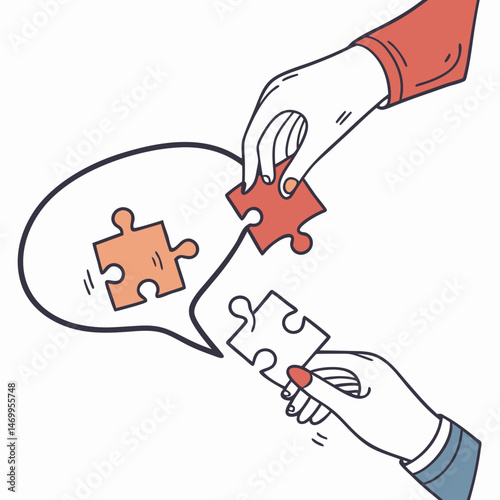 Collaboration concept illustrated with hands assembling a puzzle with speech bubble