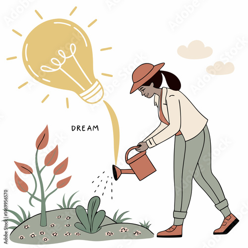 Nurturing dreams illustration with person watering idea plant and inspirational concepts