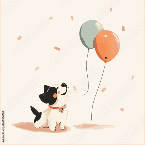 Cute Puppy Gazing At Balloons With Falling Confetti Celebration Illustration For Kids Party Invitation Card Design