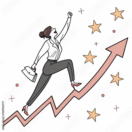 Businesswoman climbing the arrow graph achieving success and financial growth