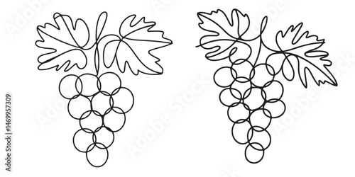 set of black Line Art Grape Bunches with Leaves, Single Line Drawing of Grapes with Leaf, Grapes in continuous line art drawing style, 