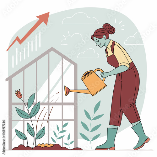 Woman nurturing growth represented by plants and rising financial bar chart