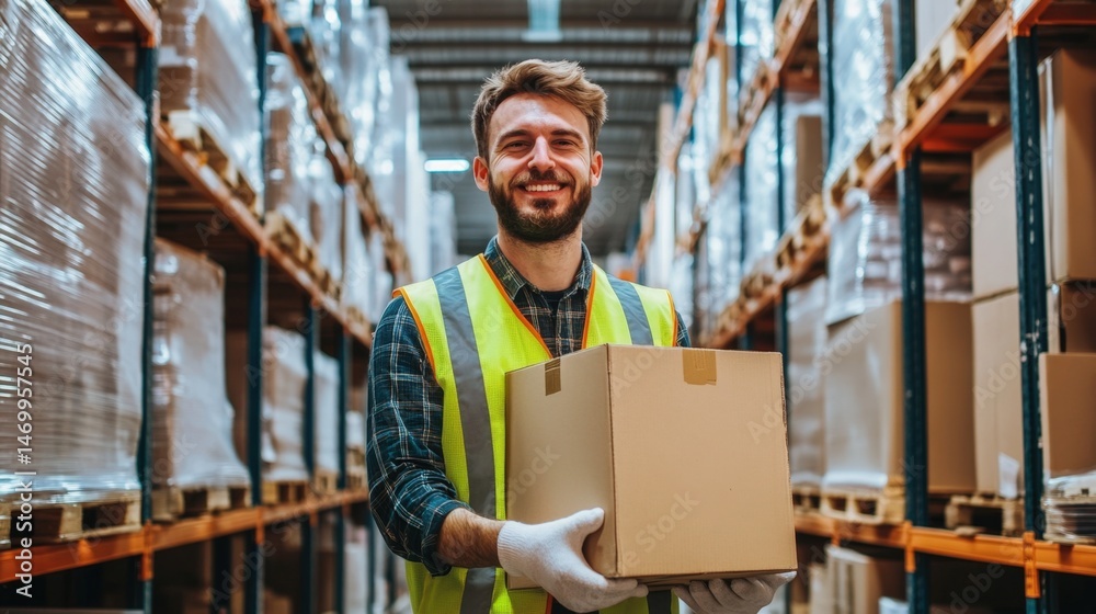 Warehouse Worker Holding Cardboard Box and Smiling in Storage Facility Aisle Warehouse Worker Holding Cardboard Box and Smiling in Storage Facility Aisle