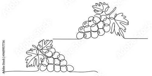 set of black Line Art Grape Bunches with Leaves, Single Line Drawing of Grapes with Leaf, Grapes in continuous line art drawing style, 