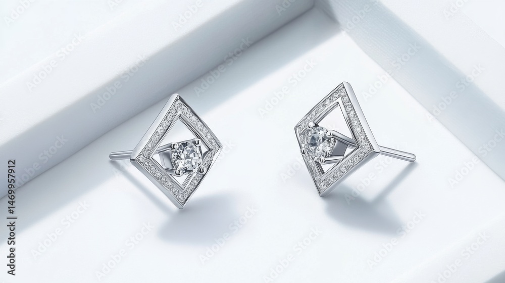 Fototapeta premium A glamorous pair of diamond ear studs featuring a unique geometric design, positioned on a smooth white backdrop to emphasize their modern aesthetic.