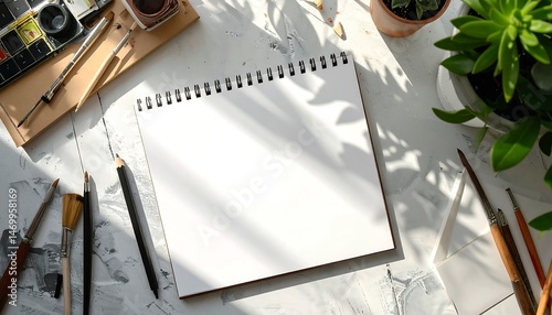 Blank Sketchbook and Art Supplies on a Desk