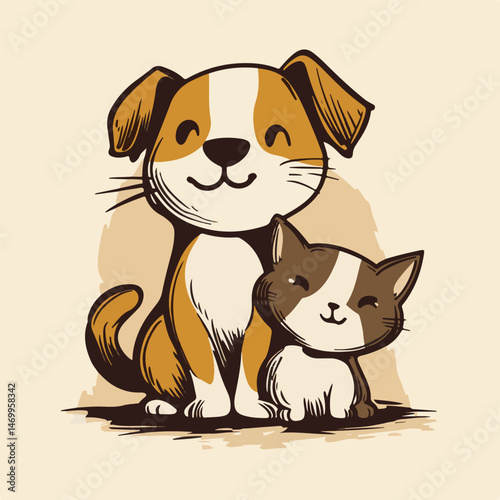 Cute Cartoon Dog And Cat Illustration Friendship Animals Vector Art Pet Companions Best Friends Happy Together