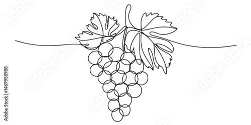 set of black Line Art Grape Bunches with Leaves, Single Line Drawing of Grapes with Leaf, Grapes in continuous line art drawing style, 