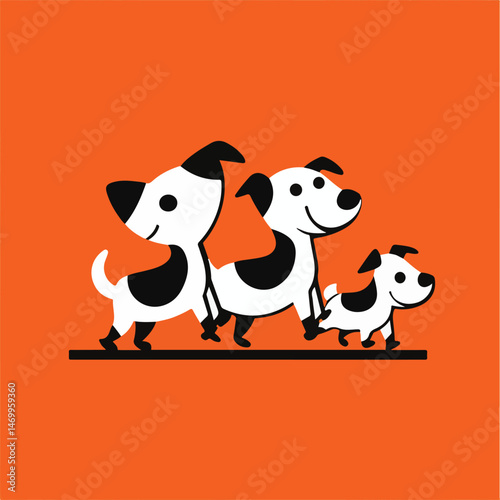Stylized Dog Family Walking Together On Orange Background Cute Canine Illustration Simple Design Cheerful Pet Companions