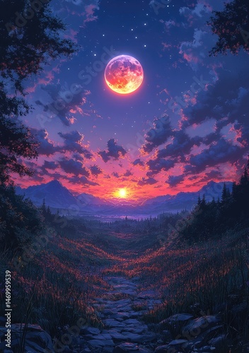 A mystical path at twilight, under a crimson moon