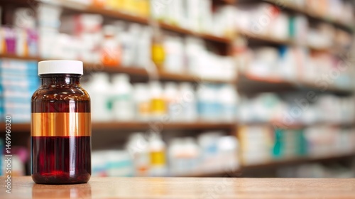 Wallpaper Mural Close-up of a medicine bottle on pharmacy counter with blurred background of shelves stocked with medical supplies. Concept of healthcare, prescription, drugstore interior and pharmaceutical services Torontodigital.ca